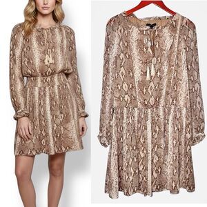 Banana Republic Snakeskin Dress Medium Chiffon Keyhole Smocked Neutral Tassels